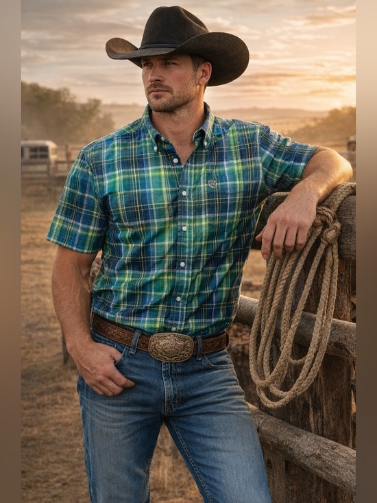 Cinch Other - Cinch cowboy Plaid Button Down Shirt Mens Blue Green Short Sleeve western M